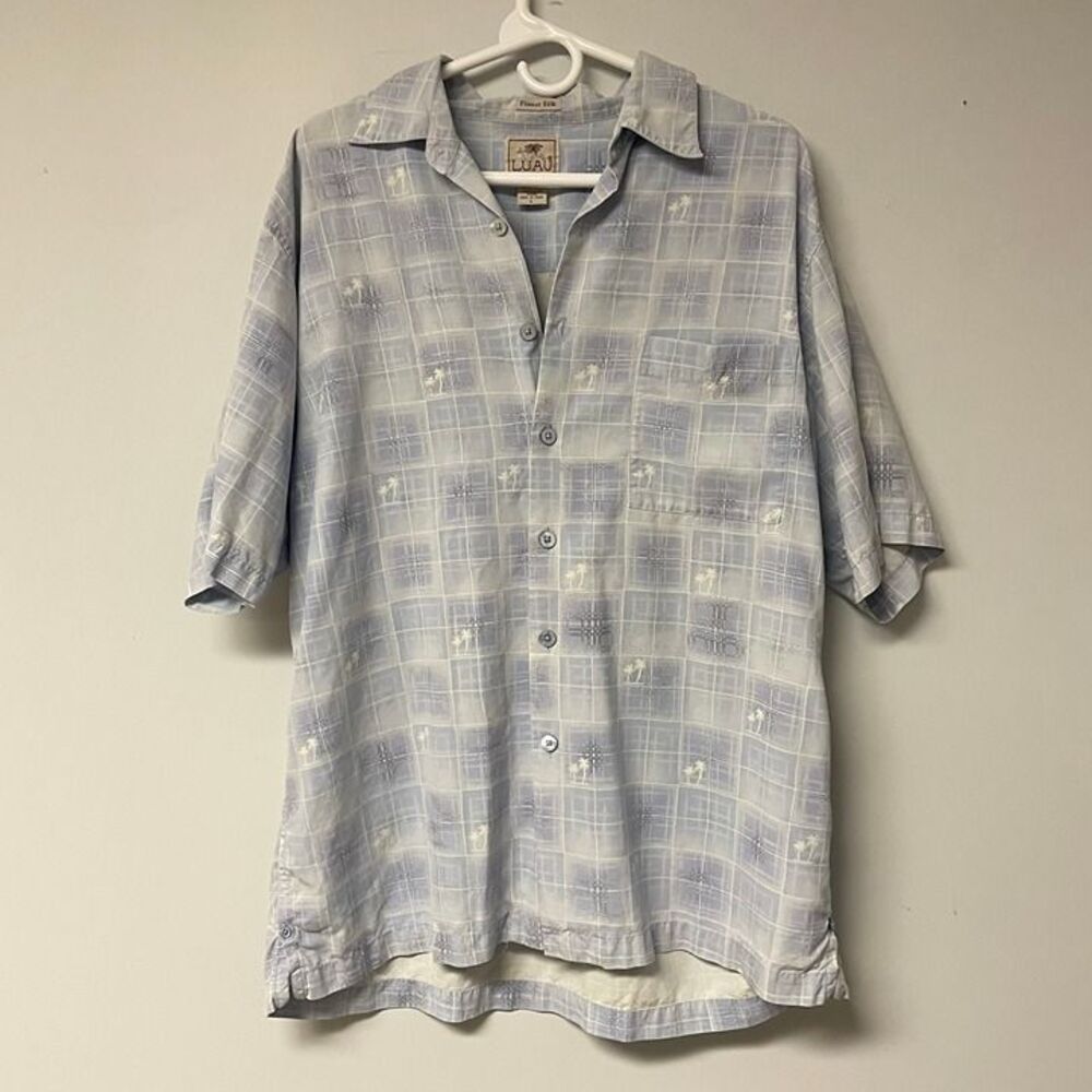 Luau Mens Large Silk Short Sleeve Summer Shirt Travel Hawaiian Print Blue